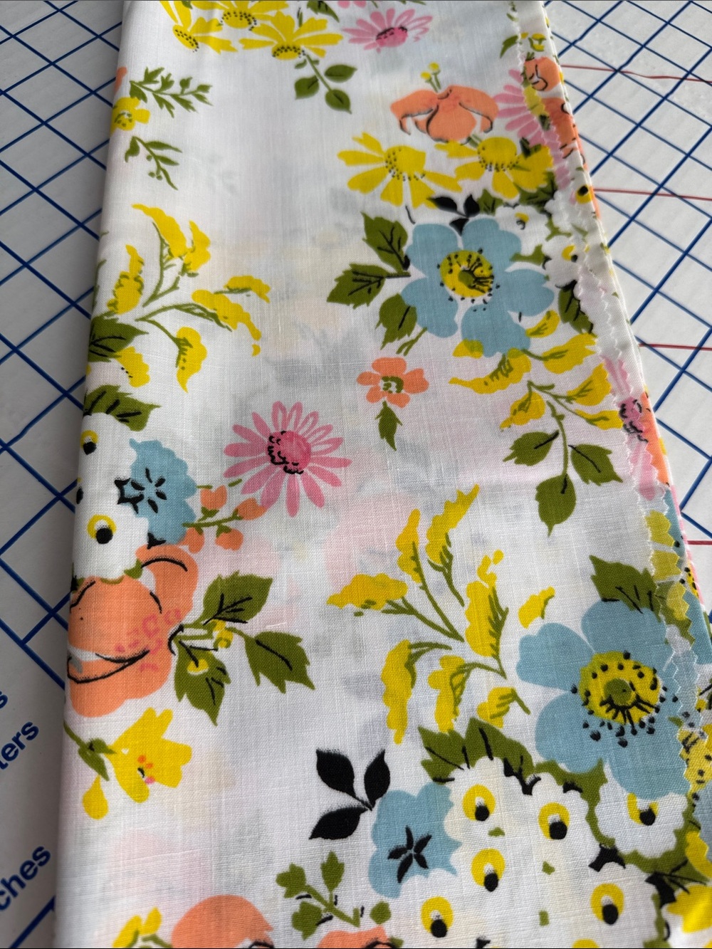 Vintage 1960s Floral Cotton Fabric Remnant 45 x 28 Pink Aqua Yellow MCM Print